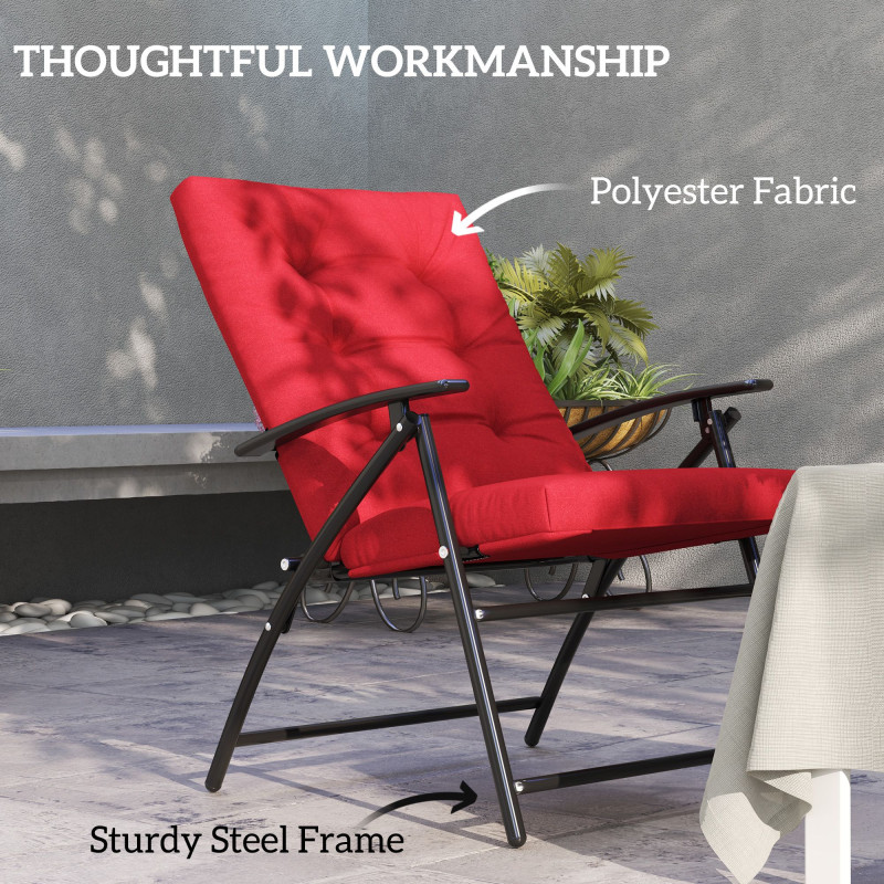 Foldable Lounge Chair, Fabric Upholstered Recliner, Outdoor Lounger with Armrest, Metal Frame for Backyard, Red