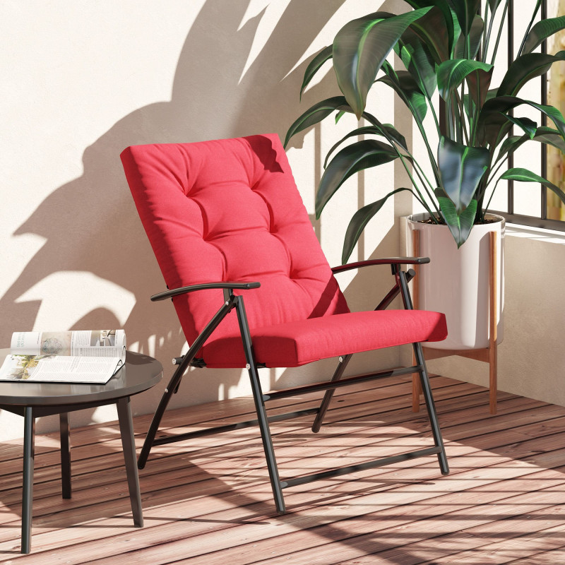Foldable Lounge Chair, Fabric Upholstered Recliner, Outdoor Lounger with Armrest, Metal Frame for Backyard, Red