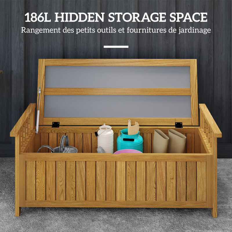 Wooden Bench with Storage Box, Outdoor Exterior Bench with Armrests for Patio Garden Balcony, Brown