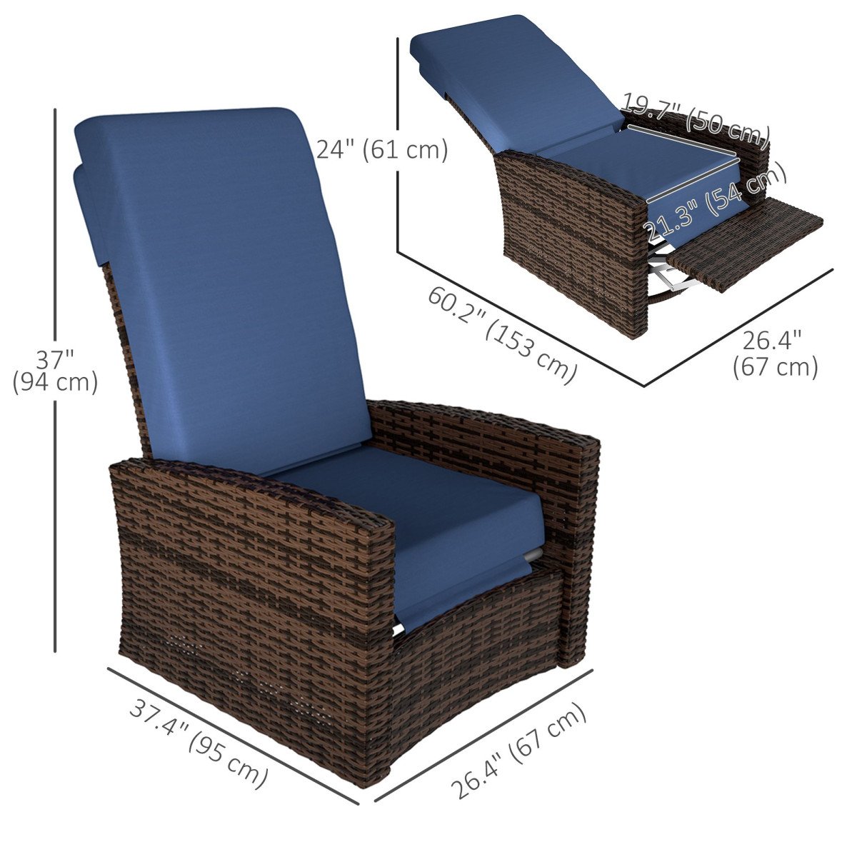 Outdoor Rattan Wicker Lounge Chair with Footrest & Soft Cushion for Patio, Garden, Backyard, Dark Blue