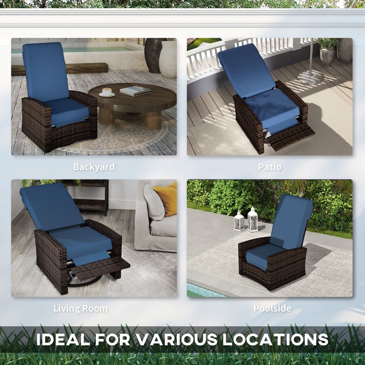 Outdoor Rattan Wicker Lounge Chair with Footrest & Soft Cushion for Patio, Garden, Backyard, Dark Blue