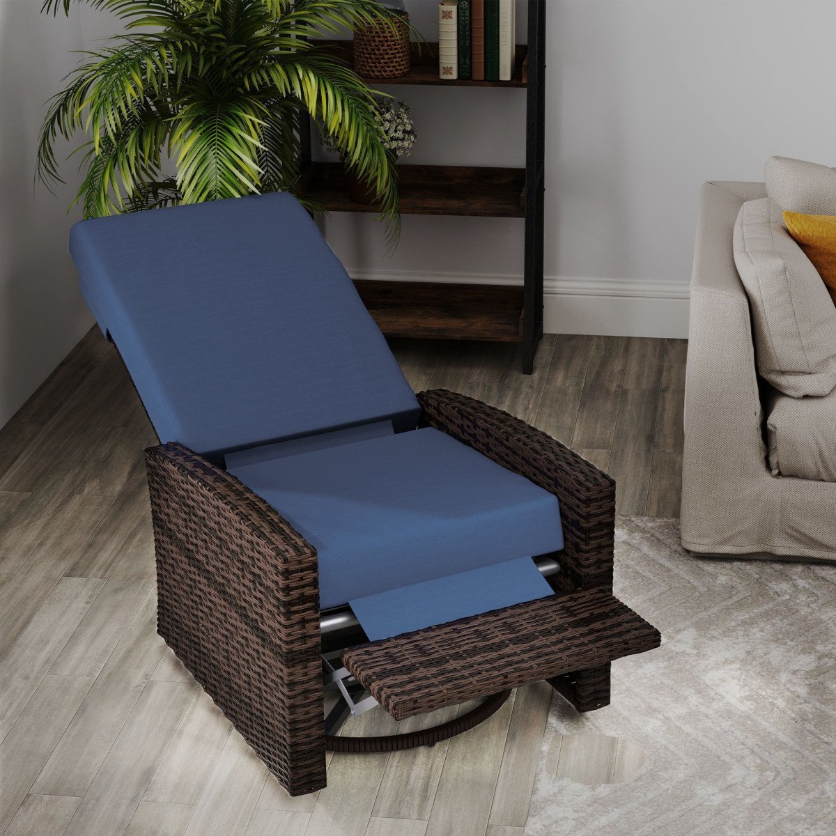 Outdoor Rattan Wicker Lounge Chair with Footrest & Soft Cushion for Patio, Garden, Backyard, Dark Blue