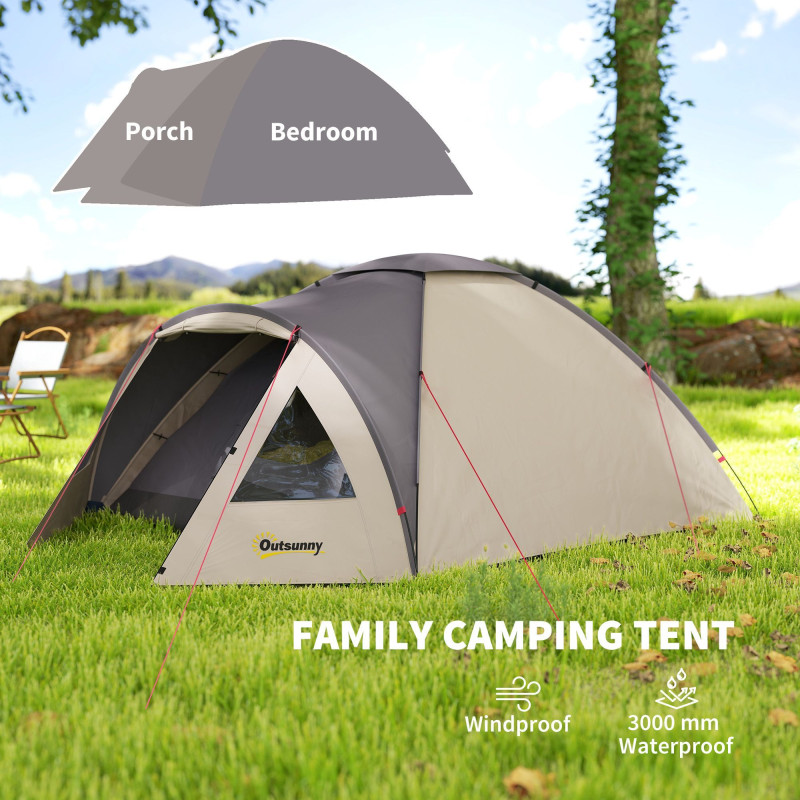 2 Person Camping Tent, Waterproof Family Dome Tent with Bedroom, Porch, Sewn-in Groundsheet and Hook, Khaki