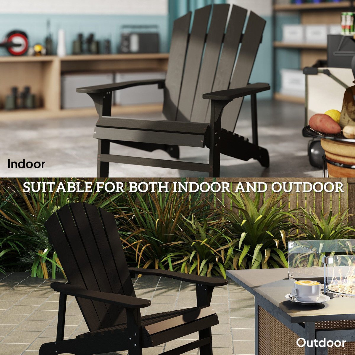 Wood Adirondack Chair, Outdoor Patio Muskoka Chair with Slatted Design for Deck, Garden, Backyard, Fire Pit, Black