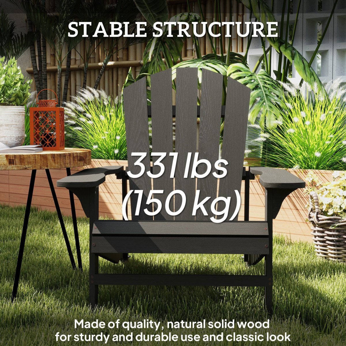 Wood Adirondack Chair, Outdoor Patio Muskoka Chair with Slatted Design for Deck, Garden, Backyard, Fire Pit, Black