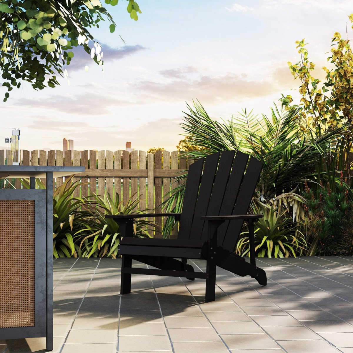 Wood Adirondack Chair, Outdoor Patio Muskoka Chair with Slatted Design for Deck, Garden, Backyard, Fire Pit, Black