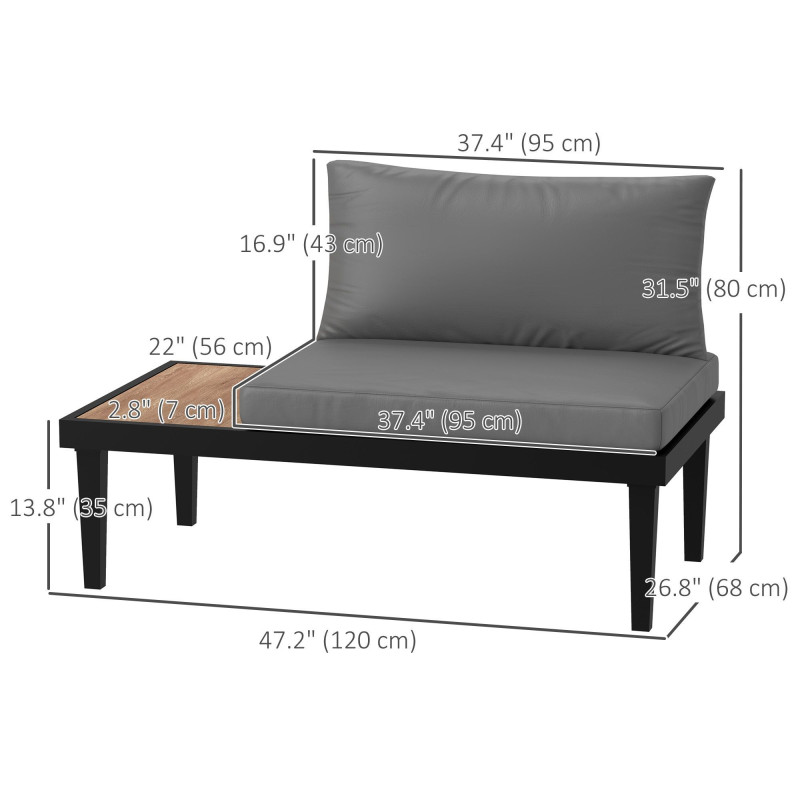 2 Seater Patio Sofa, Outdoor Sofa Couch with Wood Grain Side Tray and Cushions for Balcony, Backyard, Grey