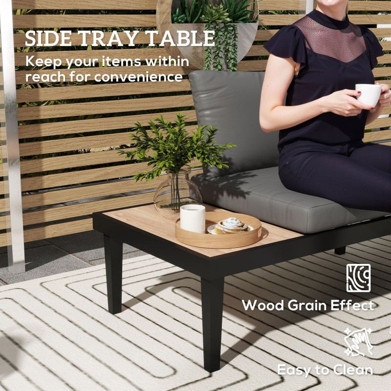 2 Seater Patio Sofa, Outdoor Sofa Couch with Wood Grain Side Tray and Cushions for Balcony, Backyard, Grey