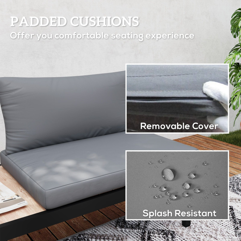 2 Seater Patio Sofa, Outdoor Sofa Couch with Wood Grain Side Tray and Cushions for Balcony, Backyard, Grey