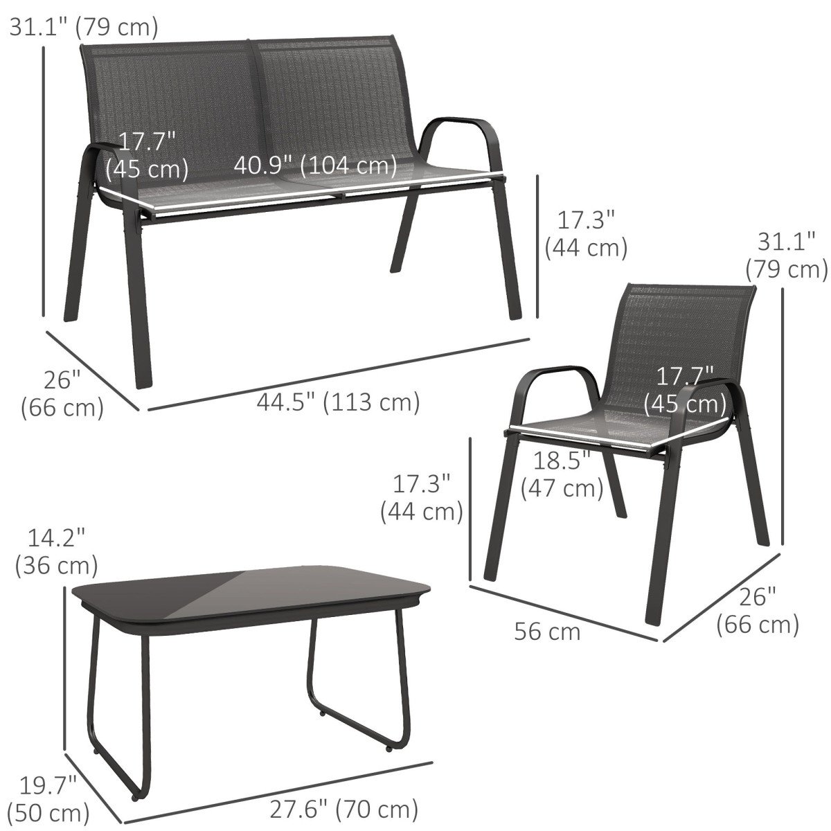 4 Pieces Outdoor Furniture Set with 2 Stackable Chairs, Loveseat, Patio Conversation Set with Glass Coffee Table, Black