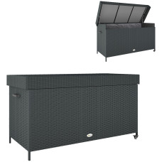 165 Gallon Deck Box, Wicker Outdoor Patio Storage Box with Waterproof Liner, Gas Strut and Universal Wheels, Black