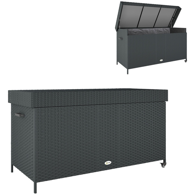 165 Gallon Deck Box, Wicker Outdoor Patio Storage Box with Waterproof Liner, Gas Strut and Universal Wheels, Black