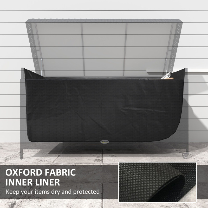 165 Gallon Deck Box, Wicker Outdoor Patio Storage Box with Waterproof Liner, Gas Strut and Universal Wheels, Black