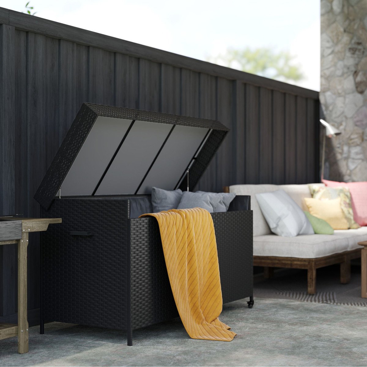 165 Gallon Deck Box, Wicker Outdoor Patio Storage Box with Waterproof Liner, Gas Strut and Universal Wheels, Black