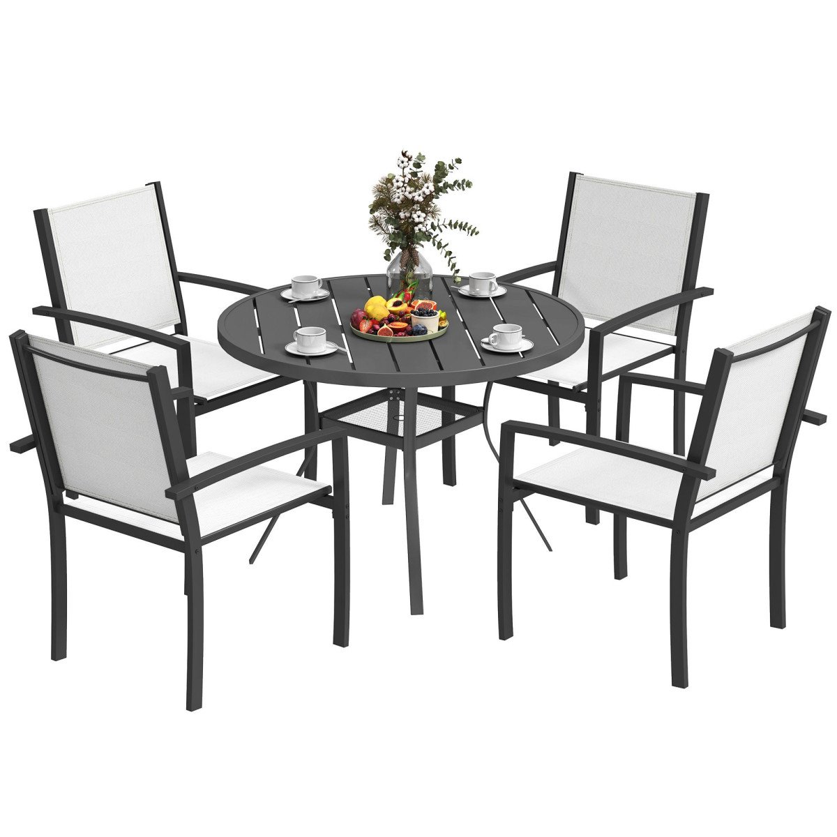 5 Piece Outdoor Dining Set with Round Table and 4 Stackable Chairs, for Backyard, Lawn, Deck, Balcony, Pool Side