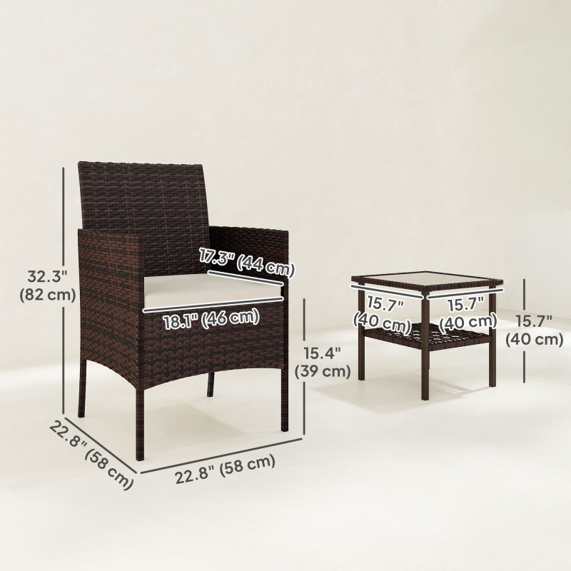 Wicker Bistro Set, 3 Piece Patio Furniture Set with 2-Tier Glass Top Table, Cushions for Balcony, Porch, Beige
