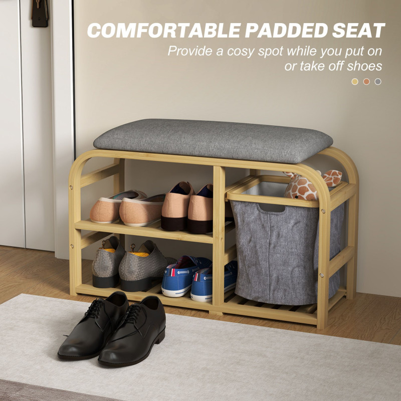 Bamboo Entryway Bench, Shoe Storage Bench with Cushion, Slat Shelves, Pull-Out Basket for Hallway, Entryway, Nature Wood