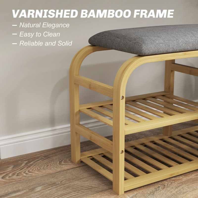 Bamboo Entryway Bench, Shoe Storage Bench with Cushion, Slat Shelves, Pull-Out Basket for Hallway, Entryway, Nature Wood