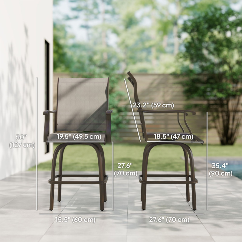 Outdoor Bar Stools Set of 2, Swivel Bar Height Chairs with High Back, Curved Armrests and Steel Frame, Light Grey