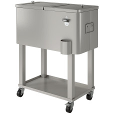 60 Quart Rolling Outdoor Cooler, Portable Rolling Patio Cooler Cart with Locking Wheels, Storage Shelf, Silver