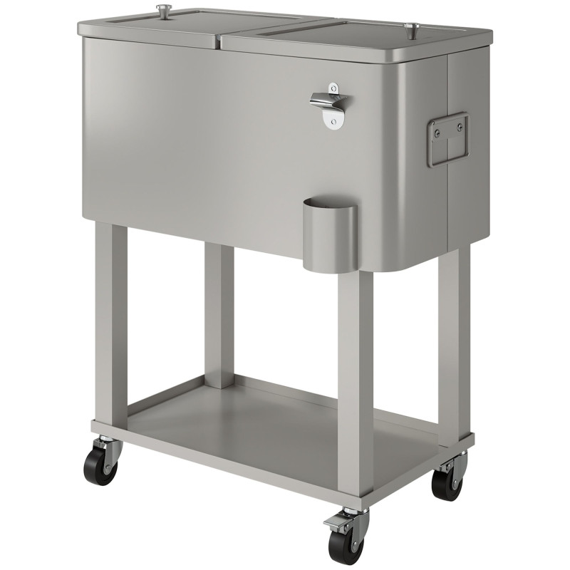 60 Quart Rolling Outdoor Cooler, Portable Rolling Patio Cooler Cart with Locking Wheels, Storage Shelf, Silver