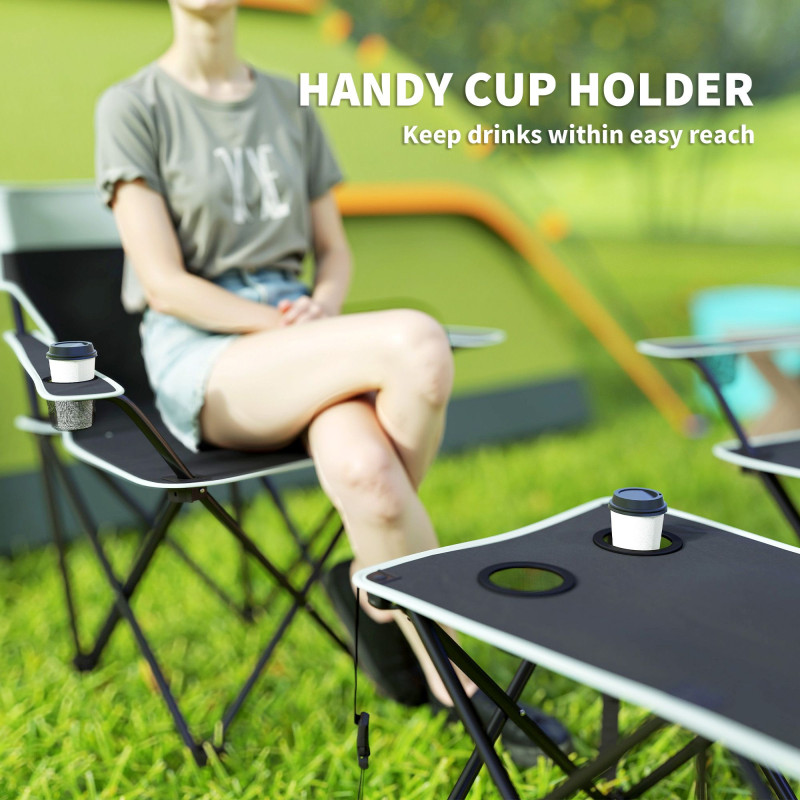 4 Piece Folding Camping Table and Chairs, Outdoor Lawn Chair Set w/ Table, Cup Holders for Hiking, Picnic, Grey