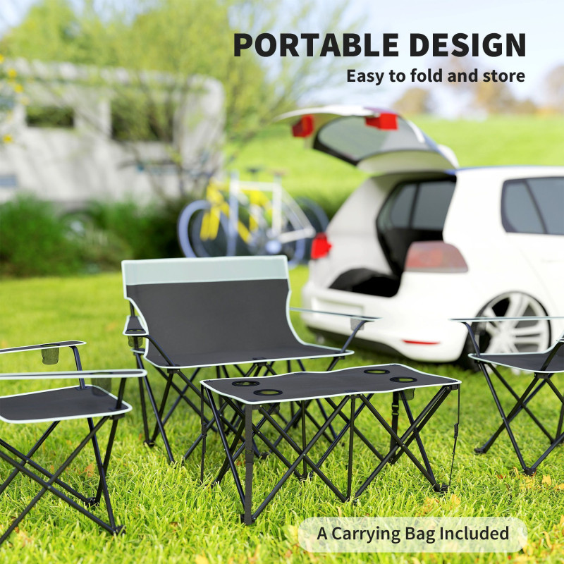 4 Piece Folding Camping Table and Chairs, Outdoor Lawn Chair Set w/ Table, Cup Holders for Hiking, Picnic, Grey
