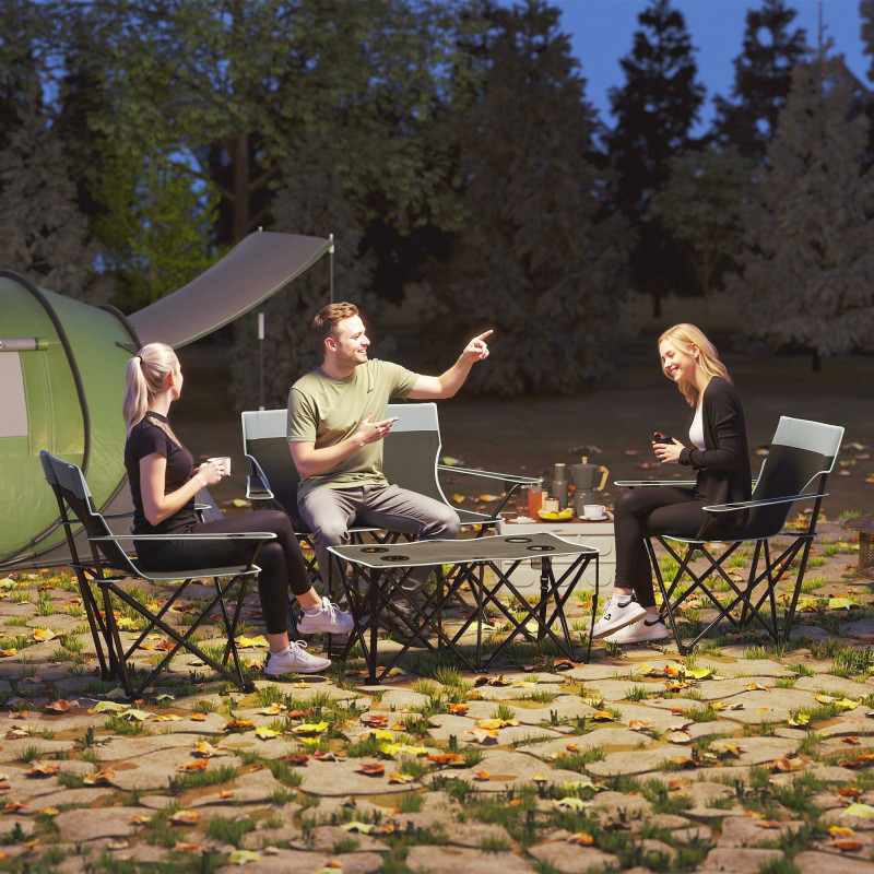 4 Piece Folding Camping Table and Chairs, Outdoor Lawn Chair Set w/ Table, Cup Holders for Hiking, Picnic, Grey