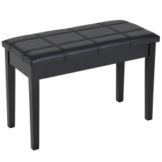 Classic Piano Bench Stool, PU Leather Padded Keyboard Seat with Rubber Wood Legs and Music Storage Compartment, Banded Seat, Black