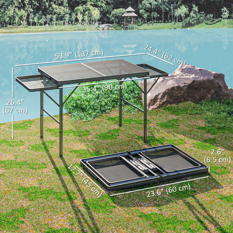 4.5ft Folding Grill Table, Height Adjustable Camping Table w/ Wing Panels, Metal Portable Picnic Table w/ Mesh Desktop