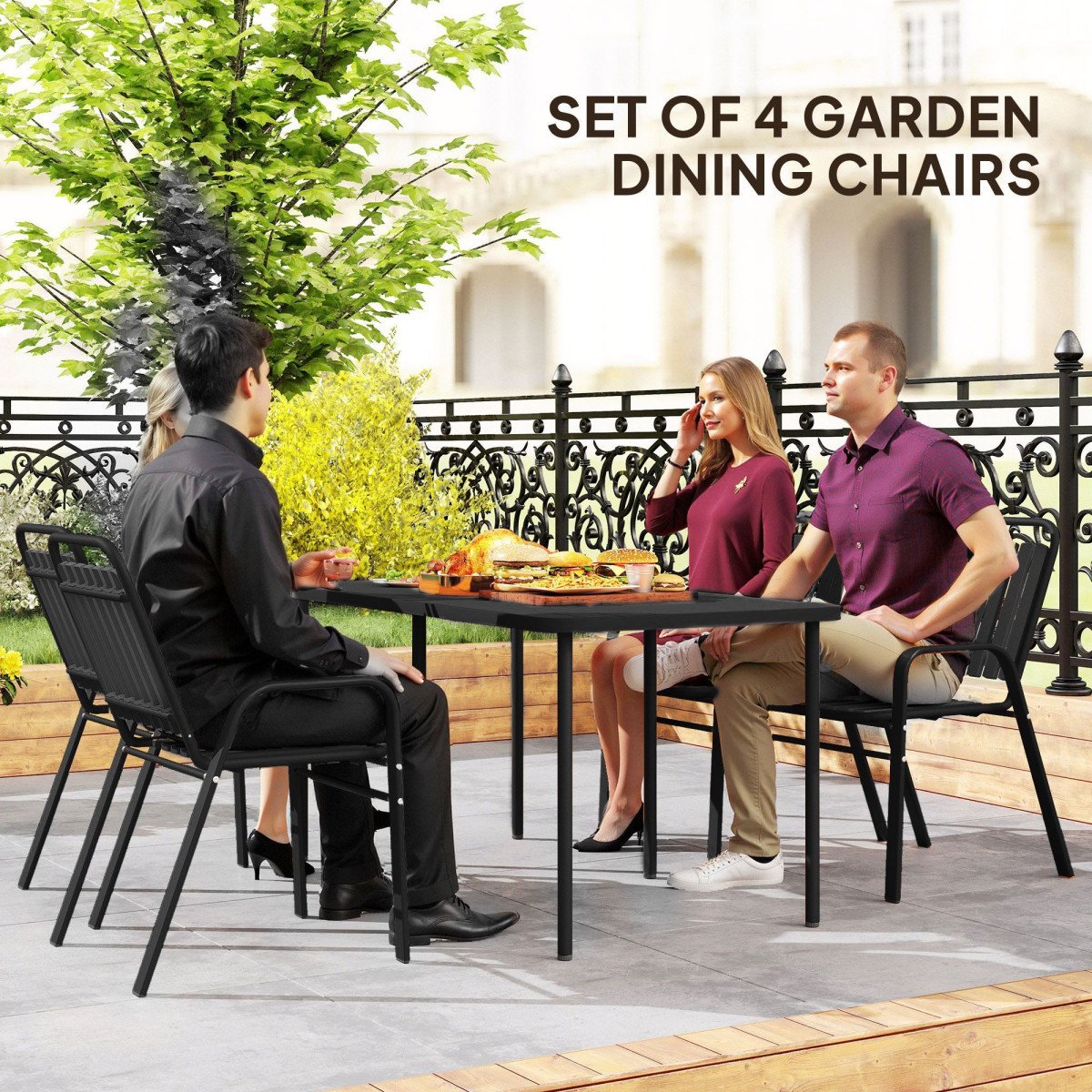 Stackable Outdoor Dining Chairs Set of 4, for Patio, Balcony, Deck, Garden, Black