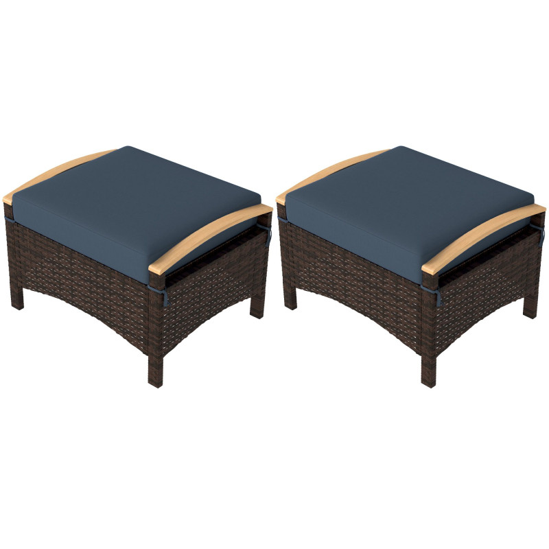 2 Pieces Wicker Outdoor Ottoman with Removable Cushion, Rattan Outdoor Footstool, Footrest and Side Table, Blue