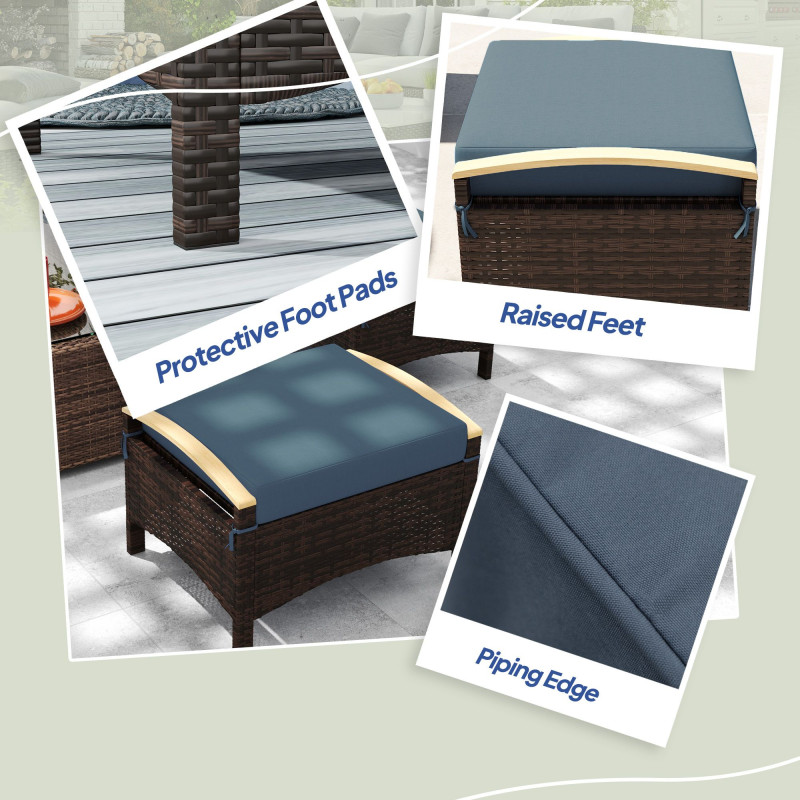 2 Pieces Wicker Outdoor Ottoman with Removable Cushion, Rattan Outdoor Footstool, Footrest and Side Table, Blue