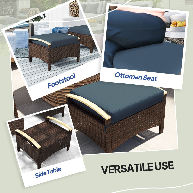 2 Pieces Wicker Outdoor Ottoman with Removable Cushion, Rattan Outdoor Footstool, Footrest and Side Table, Blue