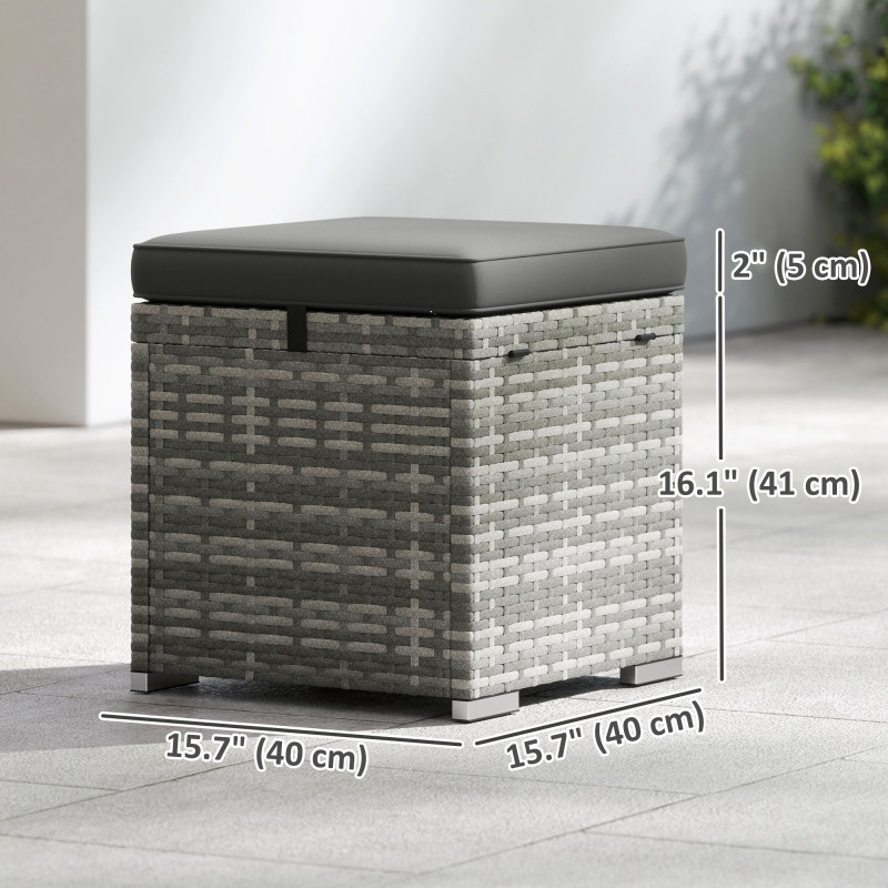 2 Pieces Wicker Outdoor Ottoman with Storage, Cushion, Square Outdoor Footstool, Seating, Side Table, Dark Grey