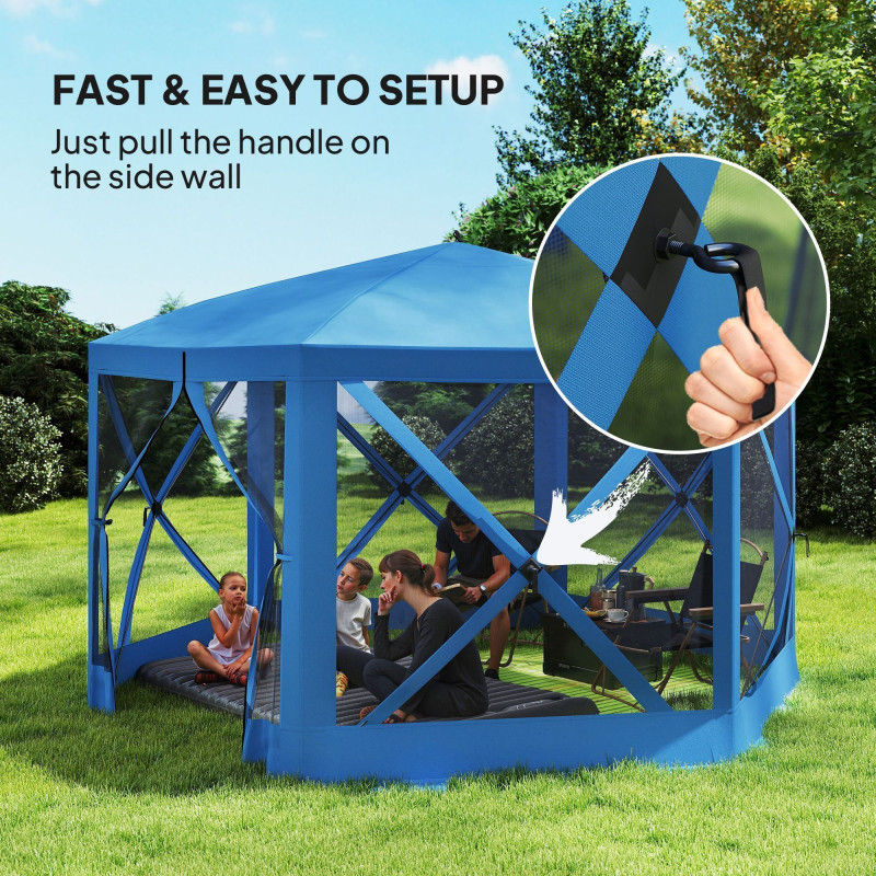12' x 12' Hexagon Automatic Pop Up Screen Tents, Camping Shelter w/ Mesh Sidewalls and Carry Bag Blue