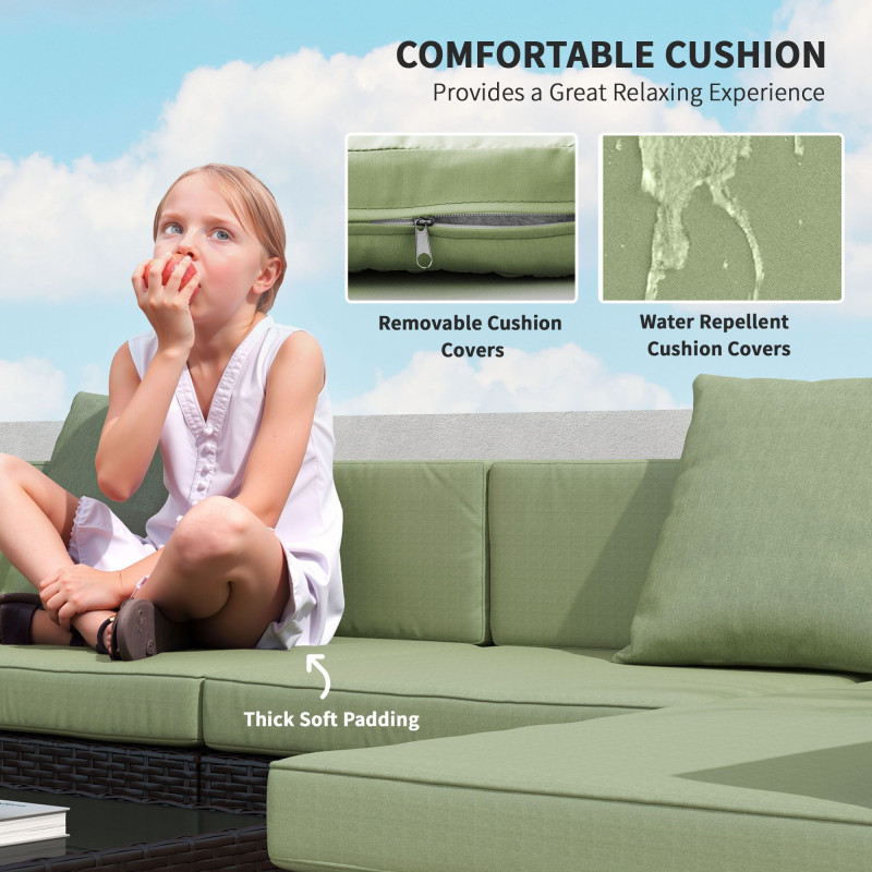 7 Pieces Outdoor Rattan Furniture Set, Patio Wicker Sectional Conversation Sofa Set, Light Green