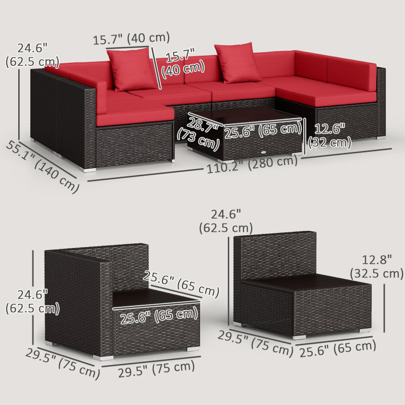 7 Pieces Garden Wicker Sectional Set,  Patio Wicker Sectional Conversation Sofa Set, Wine Red