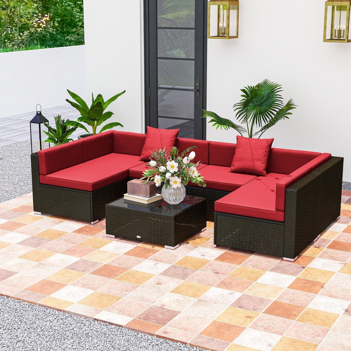 7 Pieces Garden Wicker Sectional Set,  Patio Wicker Sectional Conversation Sofa Set, Wine Red