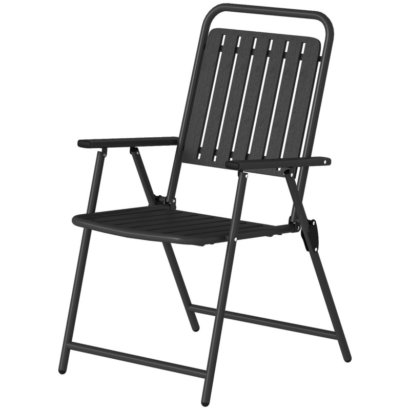 Folding Garden Chairs, Garden Dining Chairs with Plastic Slatted Seat Back, Armrests, Steel Frame, Set of 4, Black