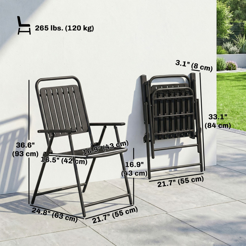 Folding Garden Chairs, Garden Dining Chairs with Plastic Slatted Seat Back, Armrests, Steel Frame, Set of 4, Black