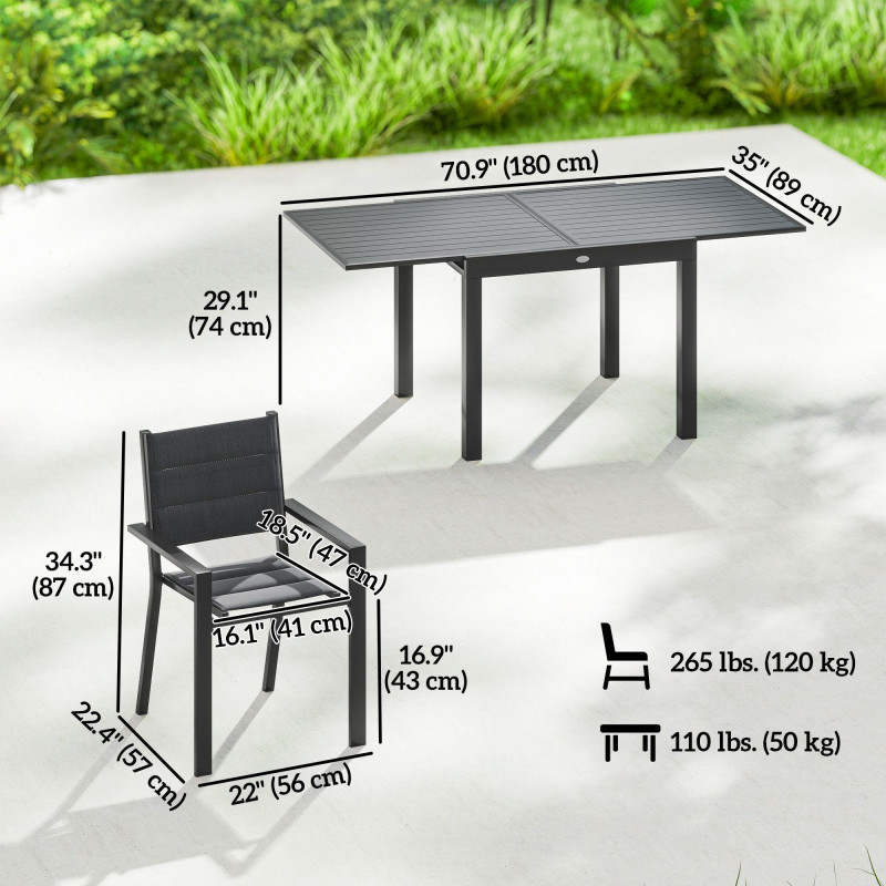 Patio Dining Set for 6, Aluminum Expandable Outdoor Table and 6 Stackable Chairs with Padded Back, Mesh Seat, Black