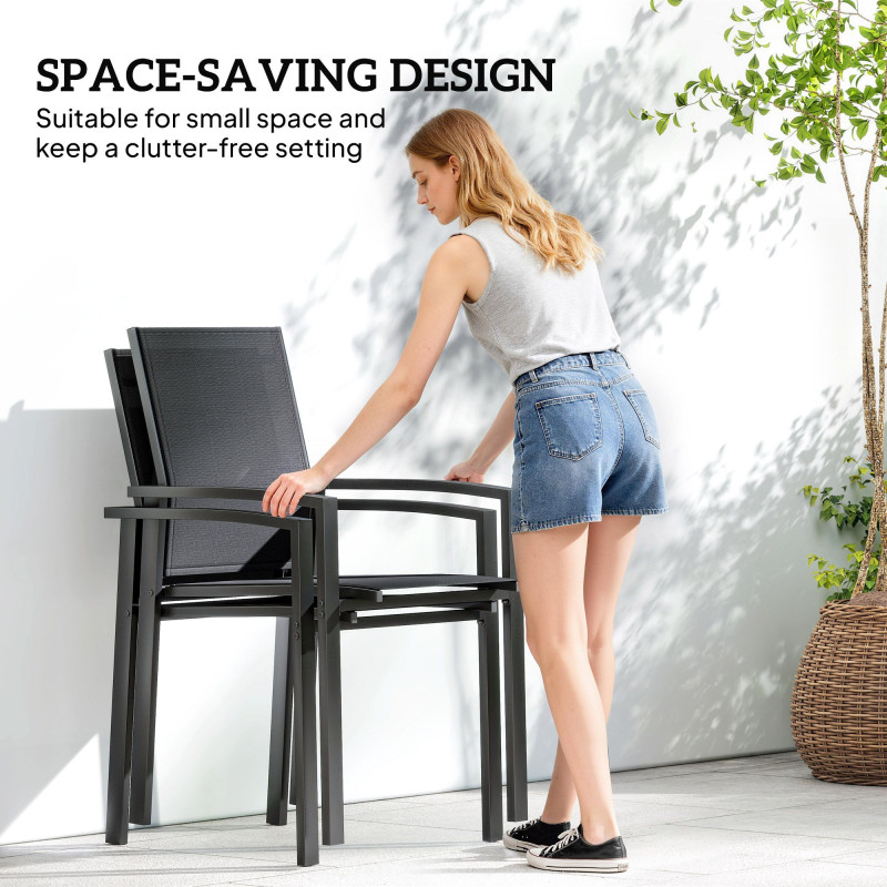 Set of 2 Outdoor Garden Chairs, Stackable Patio Dining Chairs with Breathable Fabric, Armrests and Backrest, Black