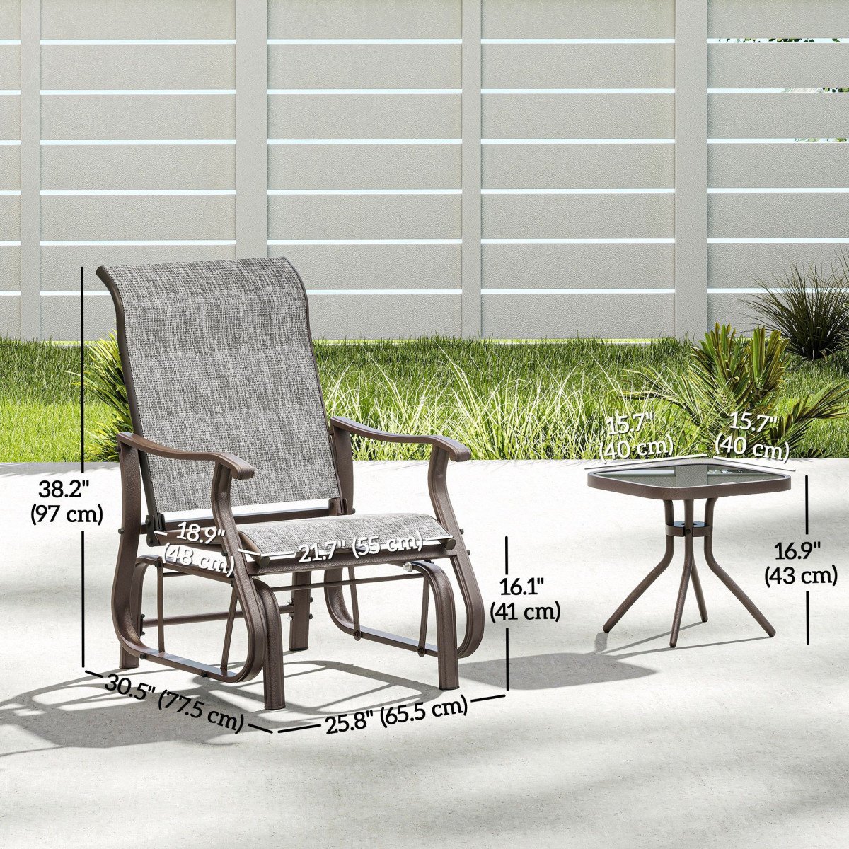 3PCs Gliding Rocking Chair & Bistro Tea Table Set, Grey