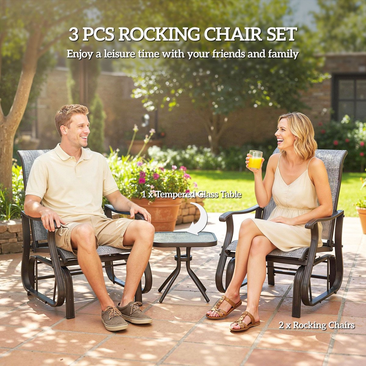 3PCs Gliding Rocking Chair & Bistro Tea Table Set, Grey