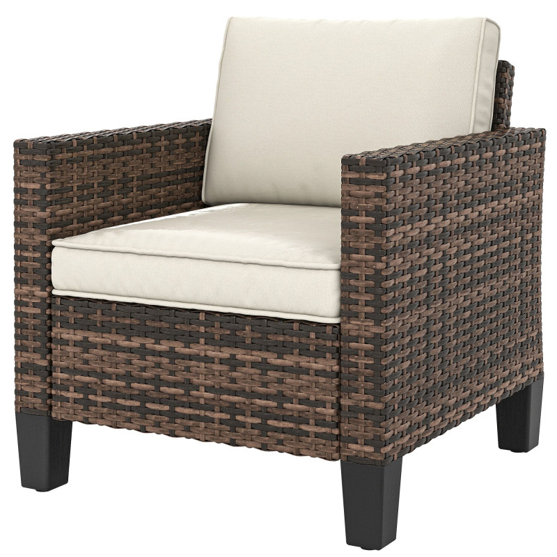Single Outdoor Wicker Chair, Rattan Patio Chair with Armrests and Cushions for Balcony, Porch, Deck, Cream White