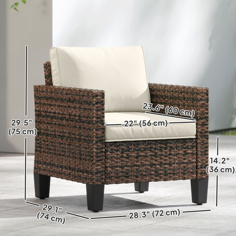 Single Outdoor Wicker Chair, Rattan Patio Chair with Armrests and Cushions for Balcony, Porch, Deck, Cream White