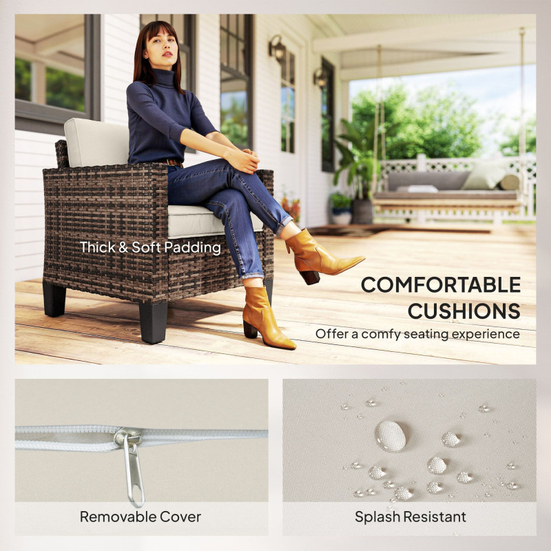 Single Outdoor Wicker Chair, Rattan Patio Chair with Armrests and Cushions for Balcony, Porch, Deck, Cream White