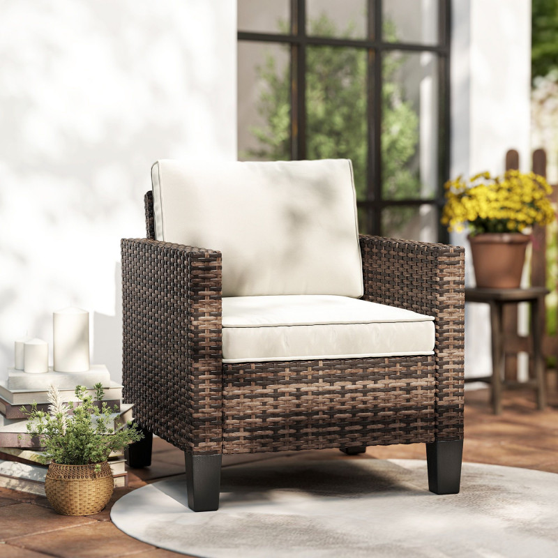 Single Outdoor Wicker Chair, Rattan Patio Chair with Armrests and Cushions for Balcony, Porch, Deck, Cream White