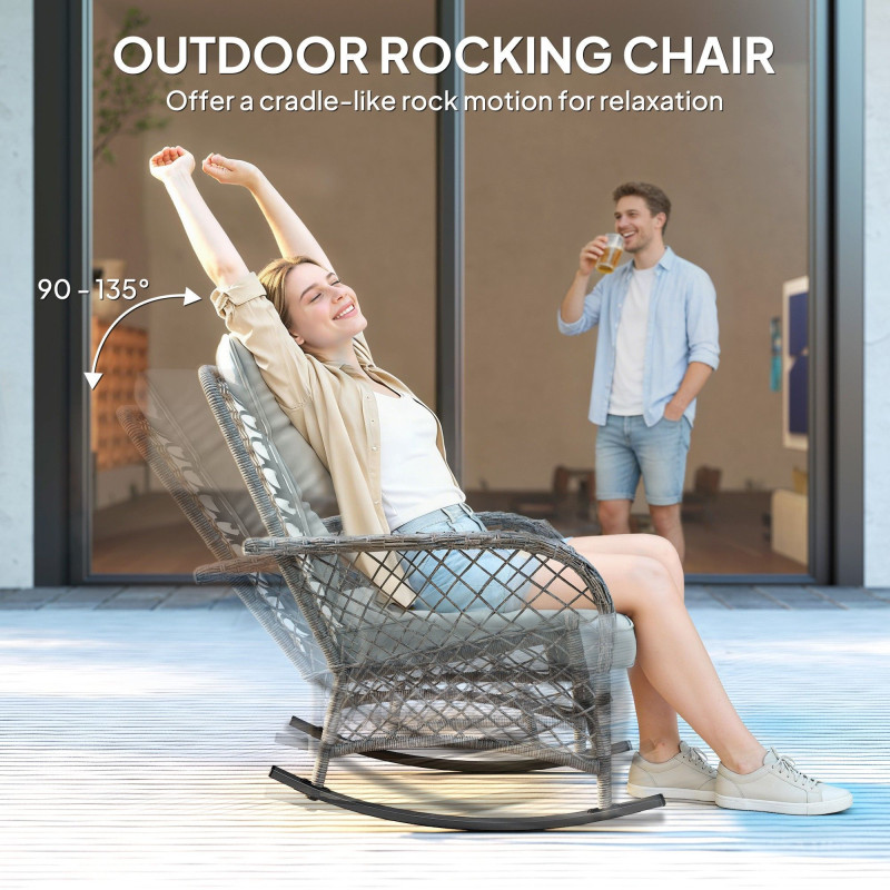 Rocking Bistro Set, 3 Piece Wicker Patio Furniture with High Back Rocking Chairs and 2-Tier Glass Table, Light Grey